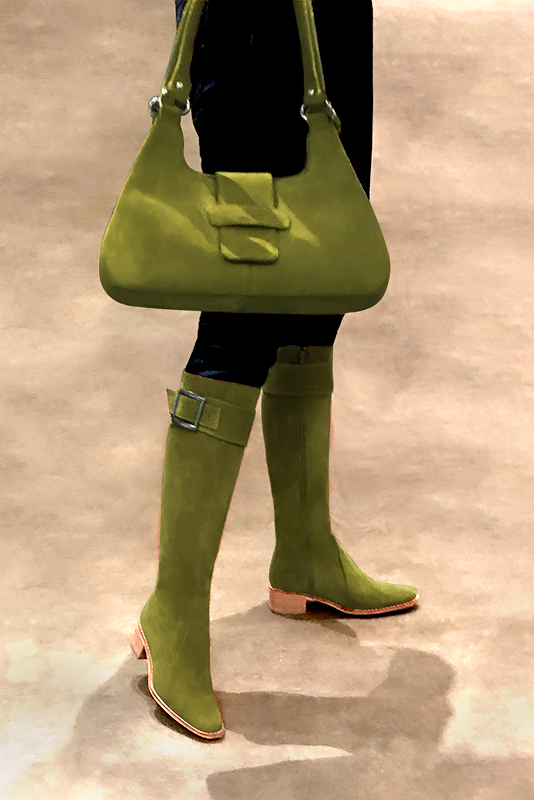 Pistachio green women's riding knee-high boots. Round toe. Low leather soles. Made to measure. Worn view - Florence KOOIJMAN